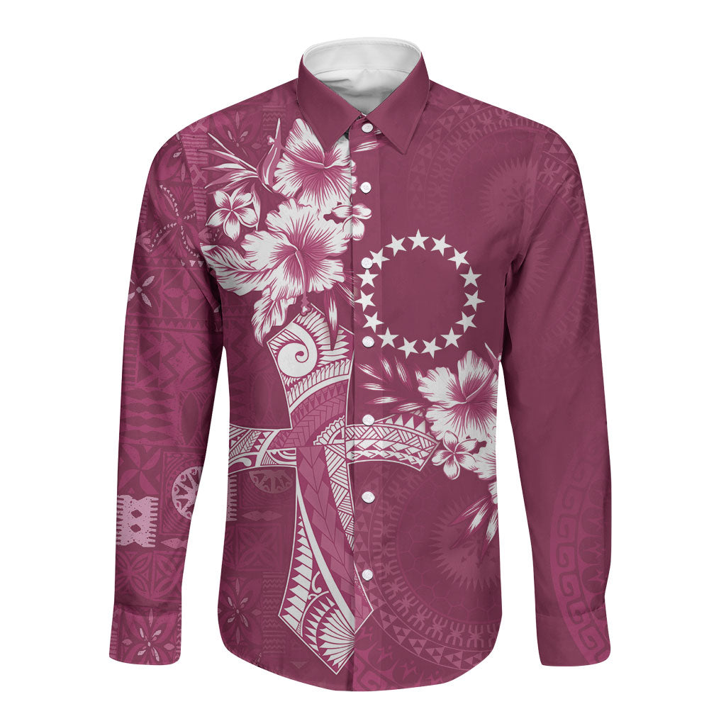 Kia Orana Cook Islands Tapa Floral With Cross Long Sleeve Button Shirt Maroon LT7 Unisex Maroon - Polynesian Pride