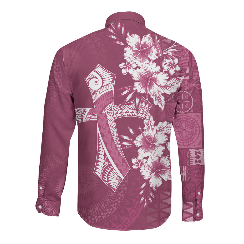 Kia Orana Cook Islands Tapa Floral With Cross Long Sleeve Button Shirt Maroon LT7 - Polynesian Pride