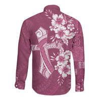 Kia Orana Cook Islands Tapa Floral With Cross Long Sleeve Button Shirt Maroon LT7 - Polynesian Pride