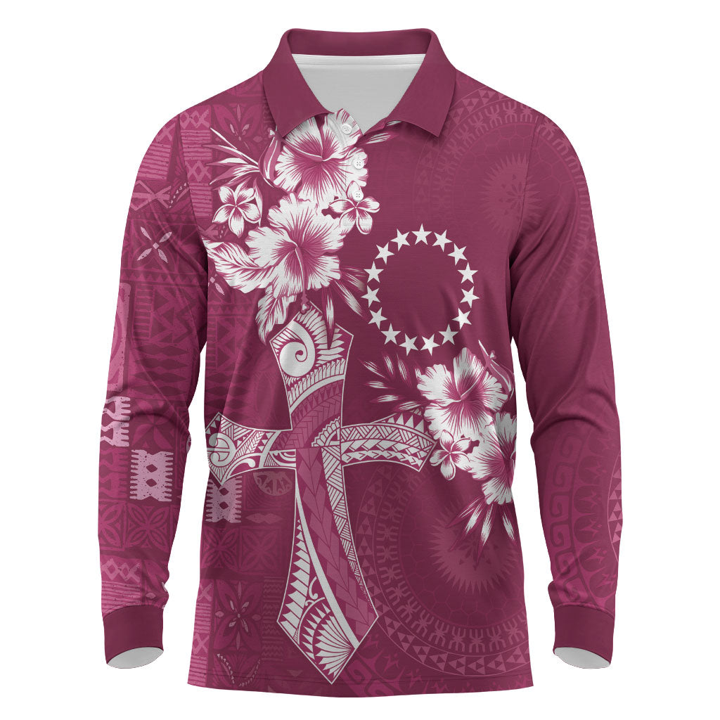 Kia Orana Cook Islands Tapa Floral With Cross Long Sleeve Polo Shirt Maroon LT7 Maroon - Polynesian Pride