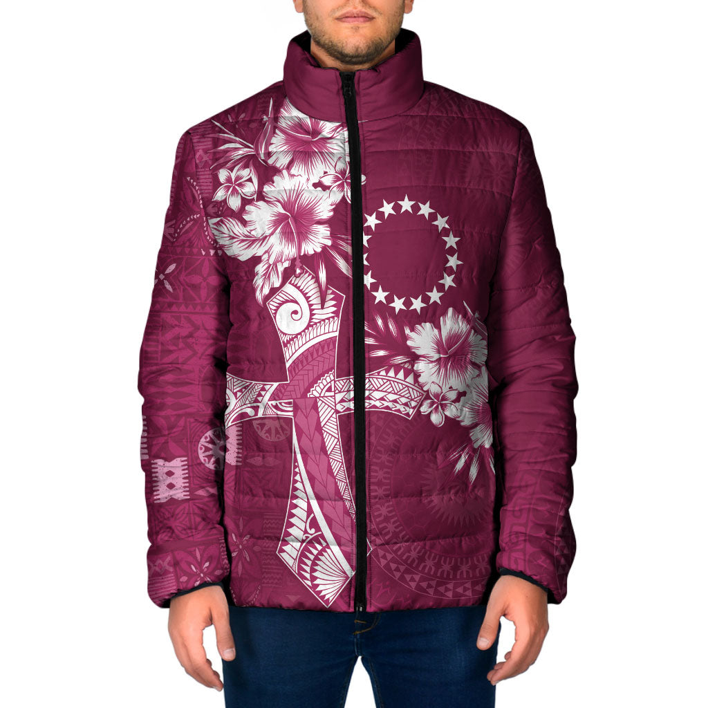 Kia Orana Cook Islands Tapa Floral With Cross Padded Jacket Maroon