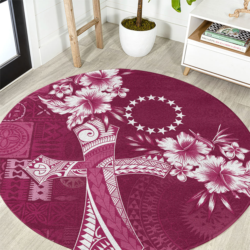 Kia Orana Cook Islands Tapa Floral With Cross Round Carpet Maroon LT7 Maroon - Polynesian Pride