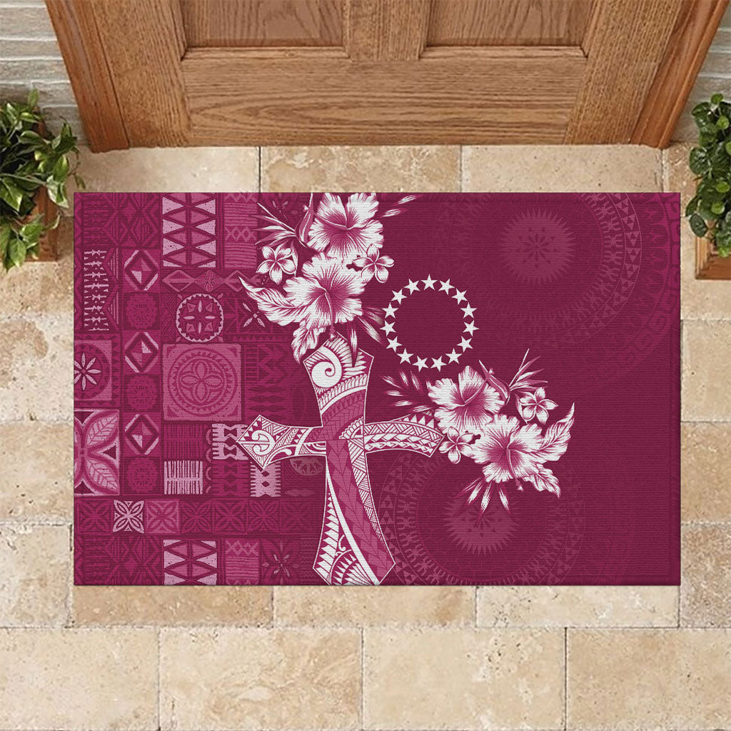 Kia Orana Cook Islands Tapa Floral With Cross Rubber Doormat Maroon