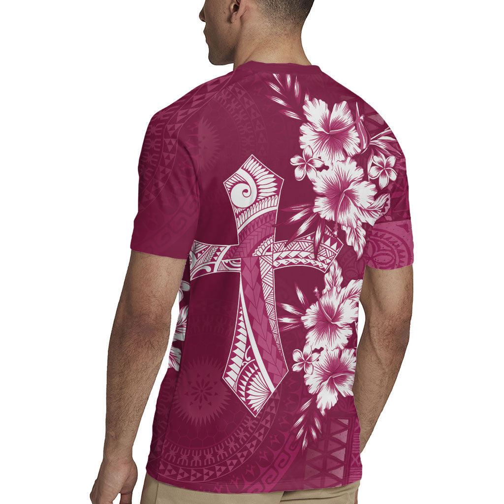 Kia Orana Cook Islands Tapa Floral With Cross Rugby Jersey Maroon LT7 - Polynesian Pride