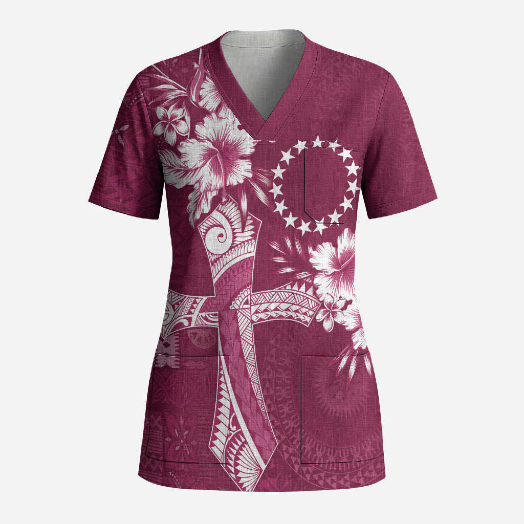 Kia Orana Cook Islands Tapa Floral With Cross Scrub Top Maroon