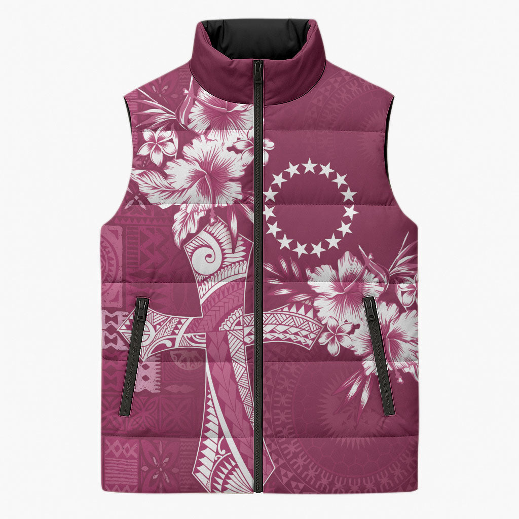 Kia Orana Cook Islands Tapa Floral With Cross Sleeveless Puffer Jacket Maroon