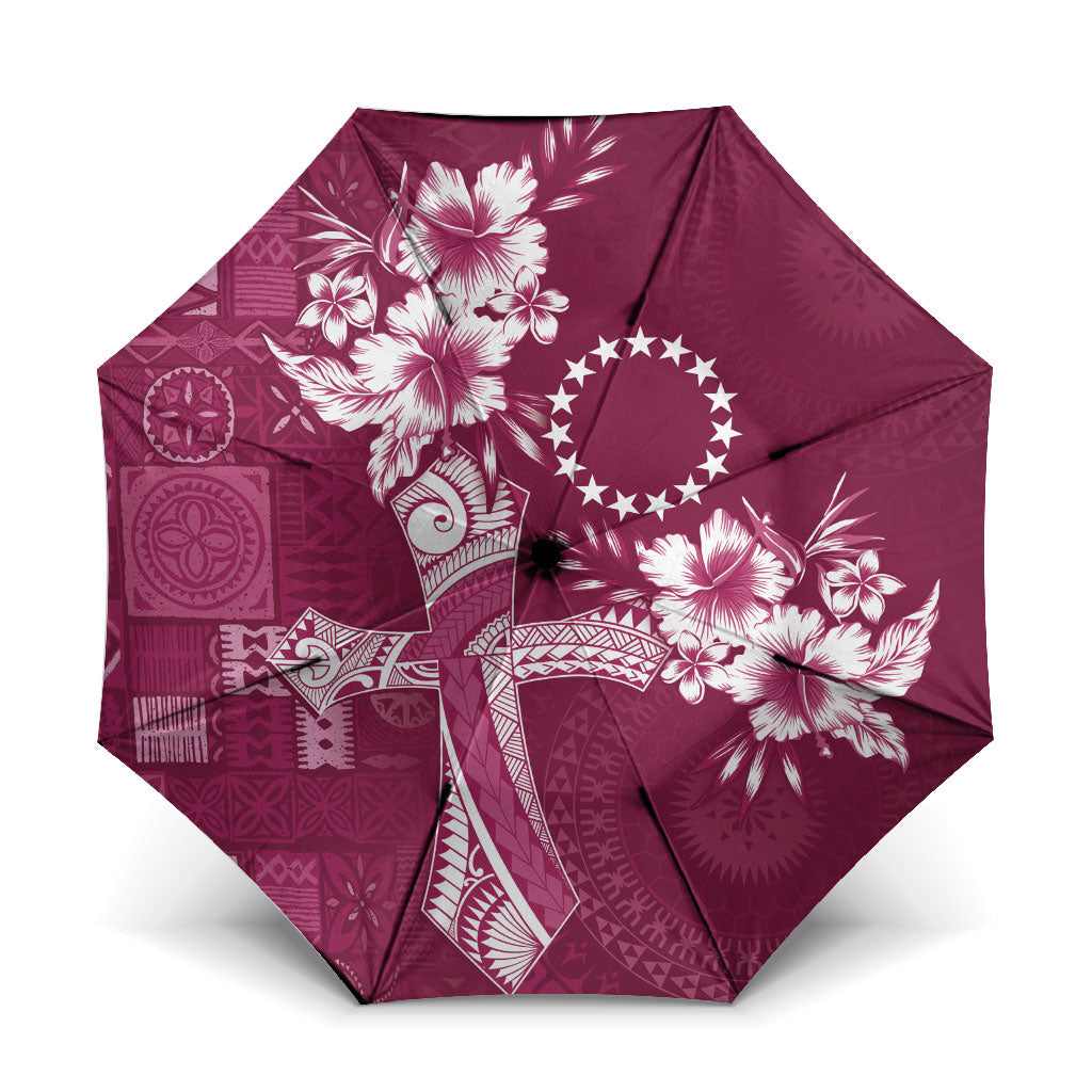 Kia Orana Cook Islands Tapa Floral With Cross Umbrella Maroon LT7 One Size Folded 11.42 inch Opened Diameter 37.4 inch Maroon - Polynesian Pride