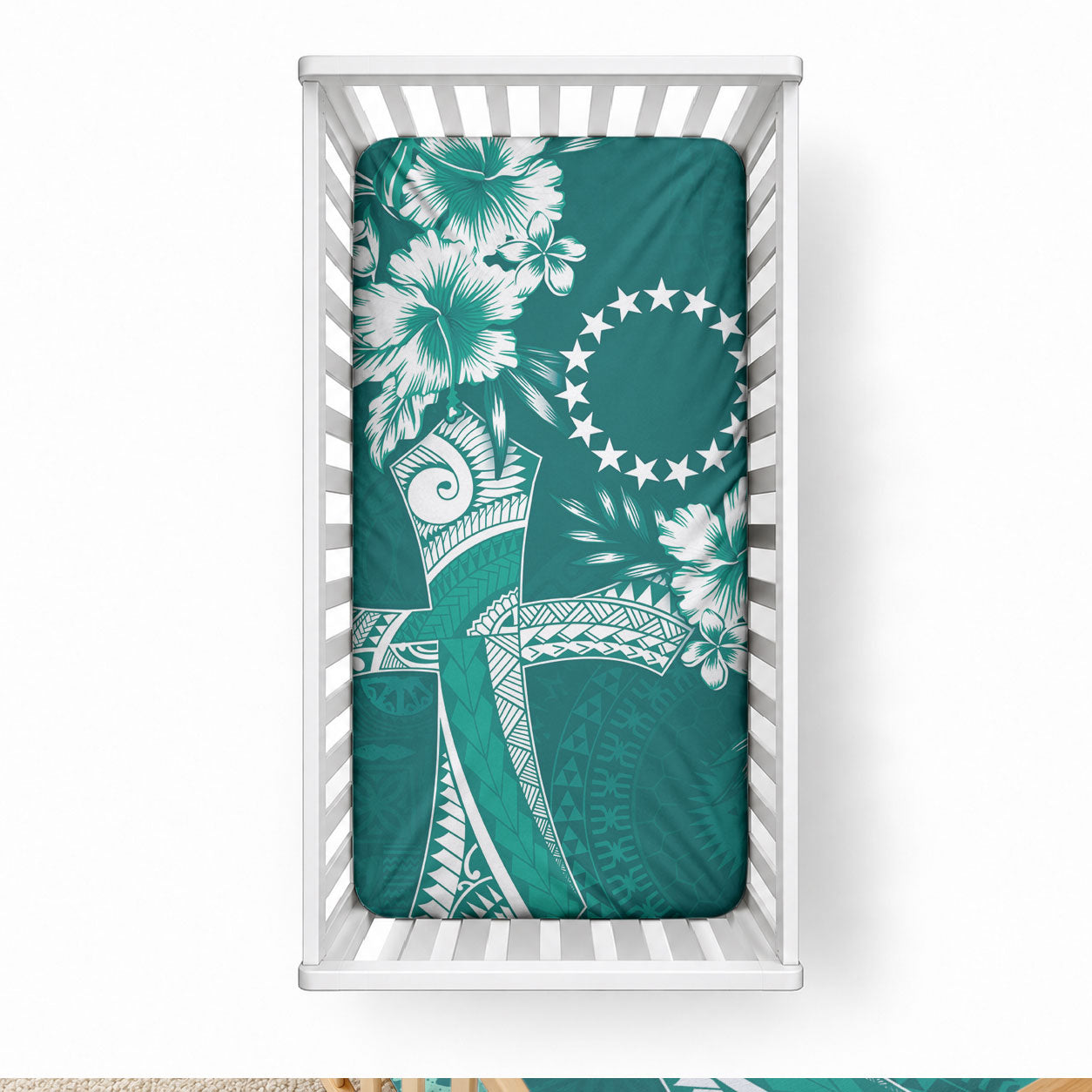 Kia Orana Cook Islands Tapa Floral With Cross Baby Bed Cover Deep Teal LT7 28 × 52 in Deep Teal - Polynesian Pride