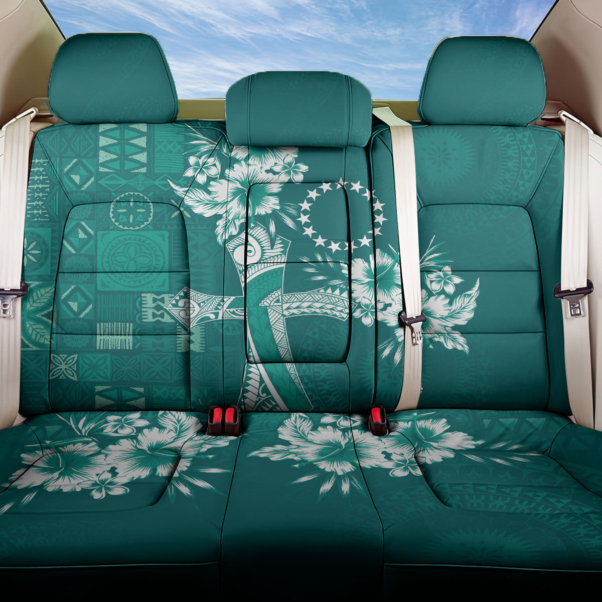 Kia Orana Cook Islands Tapa Floral With Cross Back Car Seat Cover Deep Teal