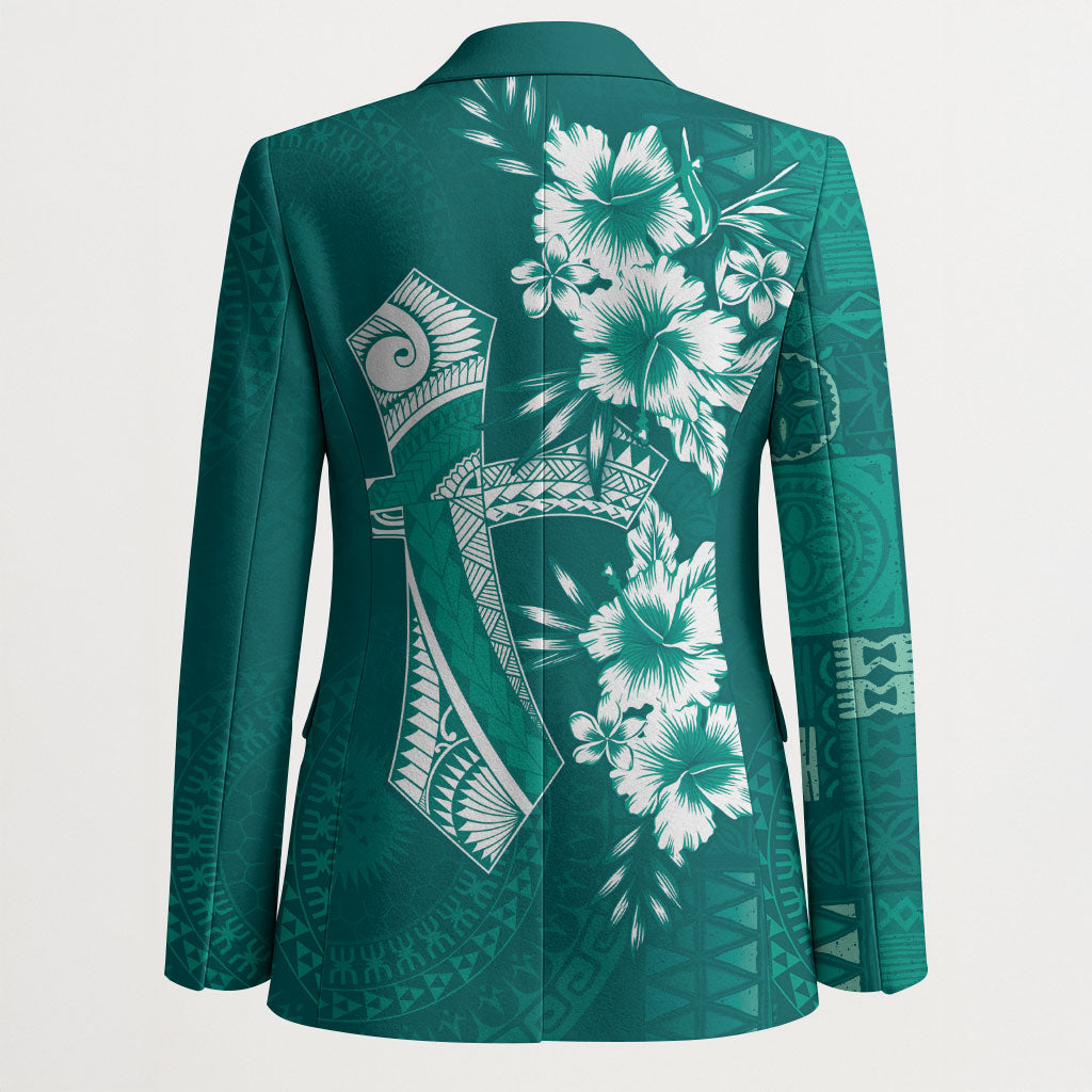 Kia Orana Cook Islands Tapa Floral With Cross Blazer Deep Teal LT7 - Polynesian Pride