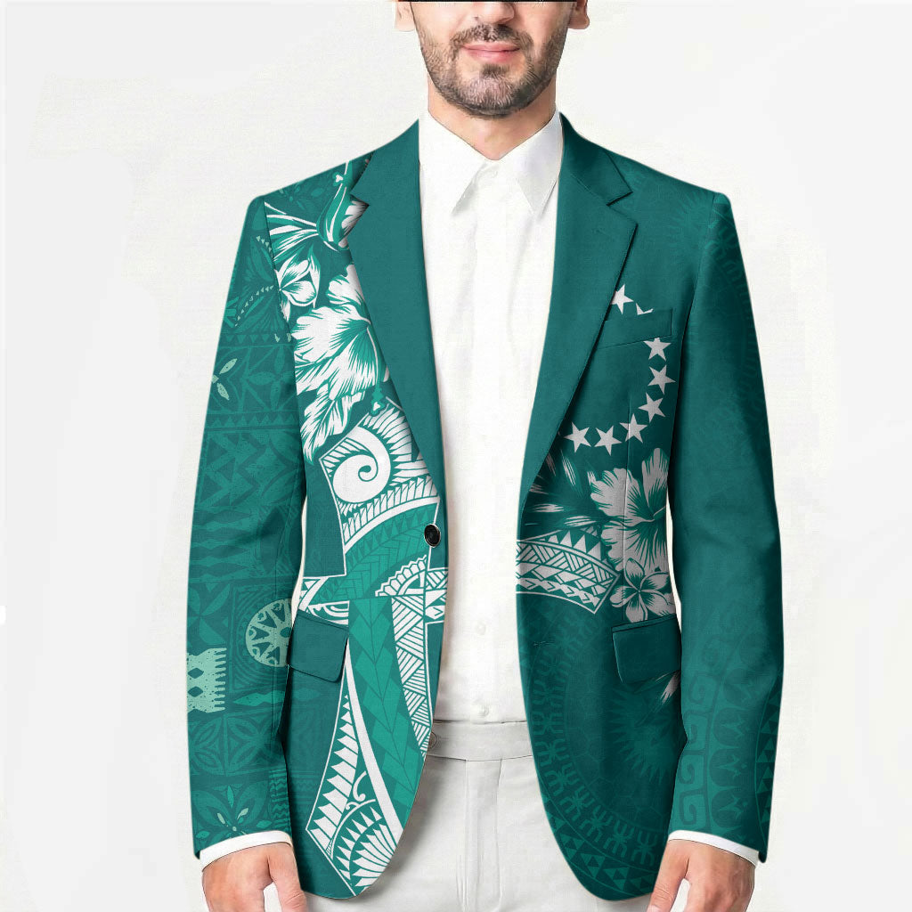 Kia Orana Cook Islands Tapa Floral With Cross Blazer Deep Teal LT7 - Polynesian Pride