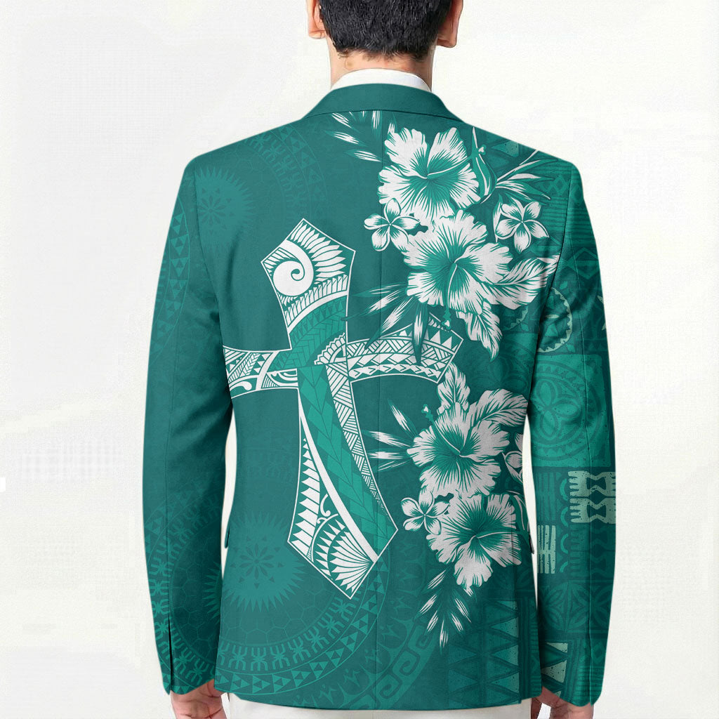 Kia Orana Cook Islands Tapa Floral With Cross Blazer Deep Teal LT7 - Polynesian Pride