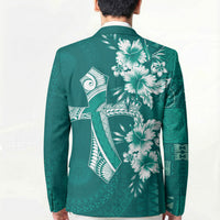 Kia Orana Cook Islands Tapa Floral With Cross Blazer Deep Teal LT7 - Polynesian Pride