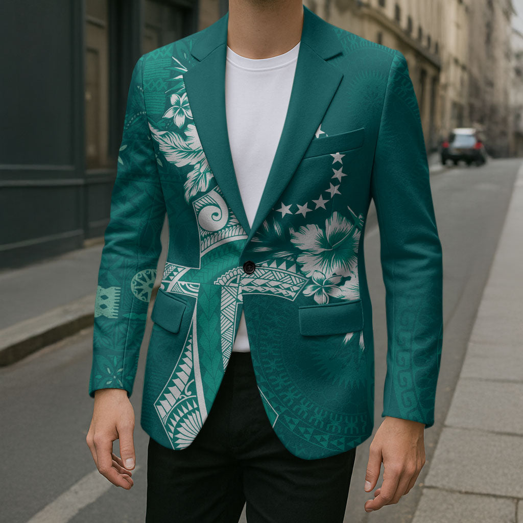 Kia Orana Cook Islands Tapa Floral With Cross Blazer Deep Teal LT7 - Polynesian Pride