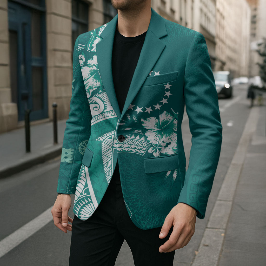 Kia Orana Cook Islands Tapa Floral With Cross Blazer Deep Teal LT7 - Polynesian Pride
