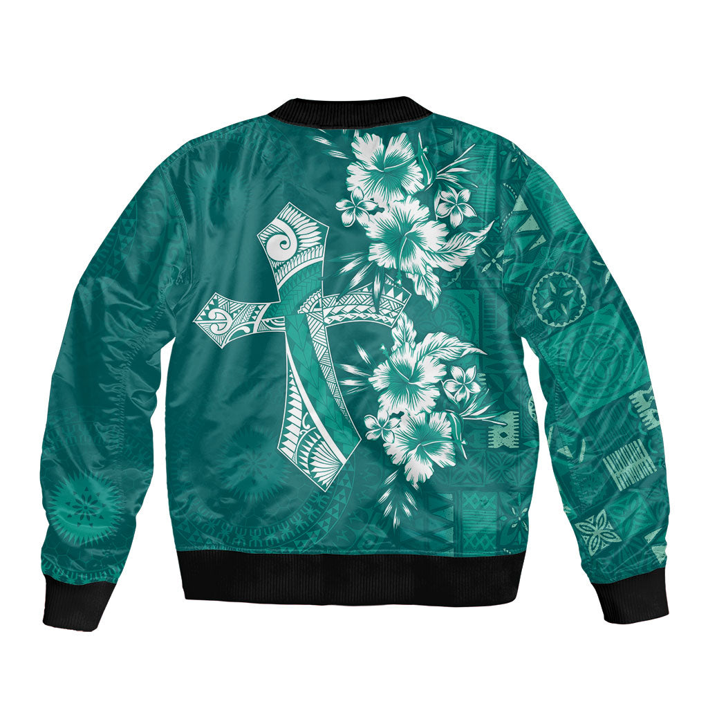 Kia Orana Cook Islands Tapa Floral With Cross Bomber Jacket Deep Teal LT7 - Polynesian Pride