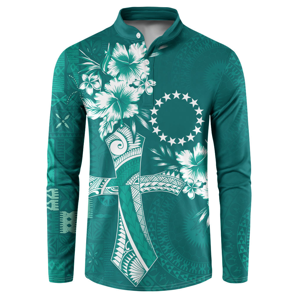 Kia Orana Cook Islands Tapa Floral With Cross Button Sweatshirt Deep Teal