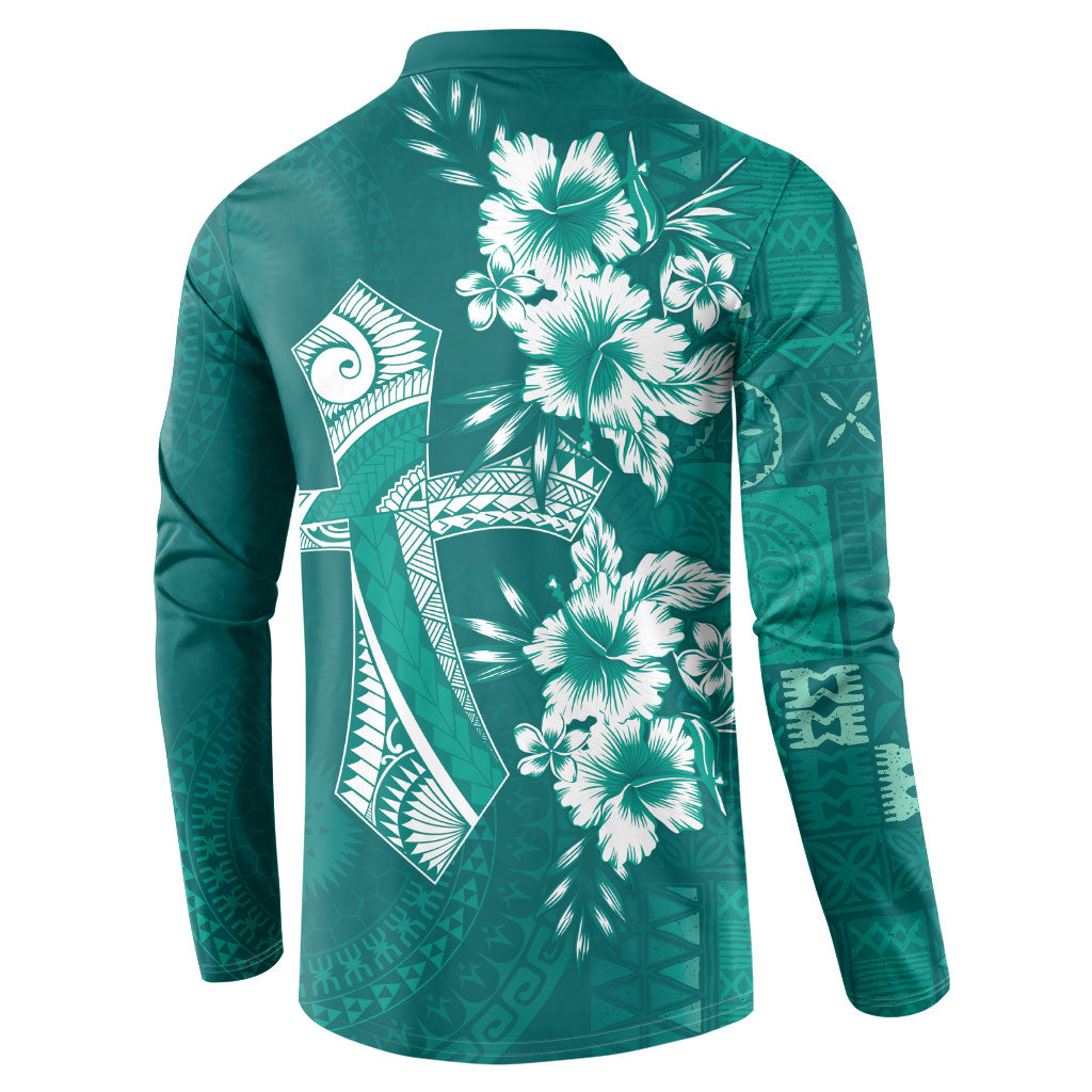 Kia Orana Cook Islands Tapa Floral With Cross Button Sweatshirt Deep Teal LT7 - Polynesian Pride