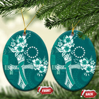 Kia Orana Cook Islands Tapa Floral With Cross Ceramic Ornament Deep Teal LT7 Oval Deep Teal - Polynesian Pride