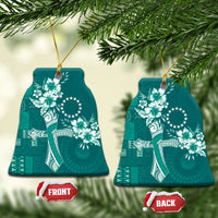 Kia Orana Cook Islands Tapa Floral With Cross Ceramic Ornament Deep Teal LT7 Bell Flake Deep Teal - Polynesian Pride
