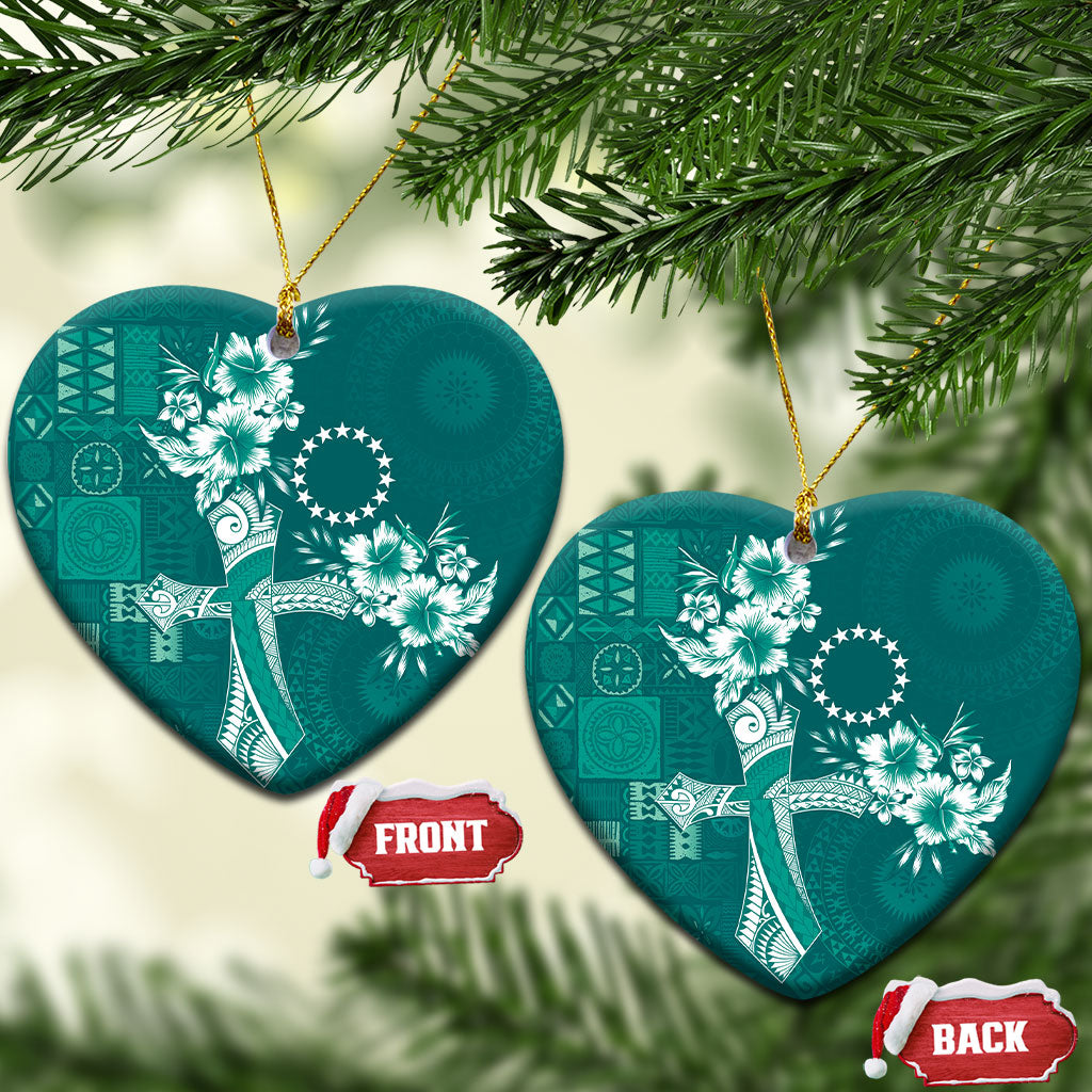 Kia Orana Cook Islands Tapa Floral With Cross Ceramic Ornament Deep Teal LT7 Heart Deep Teal - Polynesian Pride