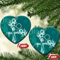 Kia Orana Cook Islands Tapa Floral With Cross Ceramic Ornament Deep Teal LT7 Heart Deep Teal - Polynesian Pride