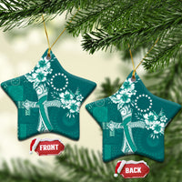 Kia Orana Cook Islands Tapa Floral With Cross Ceramic Ornament Deep Teal LT7 Star Deep Teal - Polynesian Pride