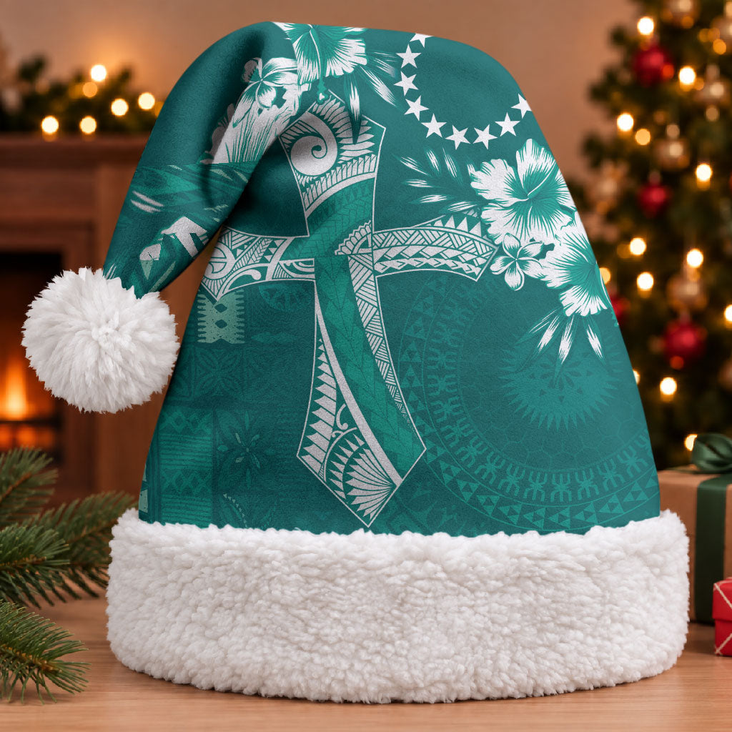 Kia Orana Cook Islands Tapa Floral With Cross Christmas Santa Hat Deep Teal