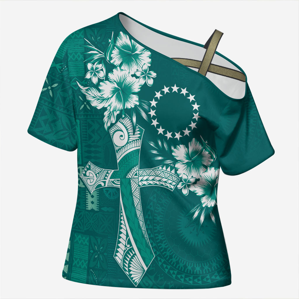 Kia Orana Cook Islands Tapa Floral With Cross Cross Shoulder Shirt Deep Teal