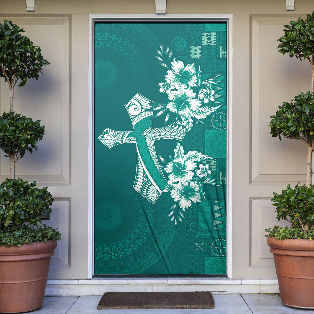 Kia Orana Cook Islands Tapa Floral With Cross Door Cover Deep Teal