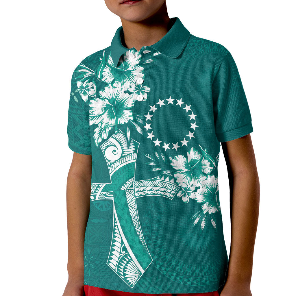 Kia Orana Cook Islands Tapa Floral With Cross Kid Polo Shirt Deep Teal