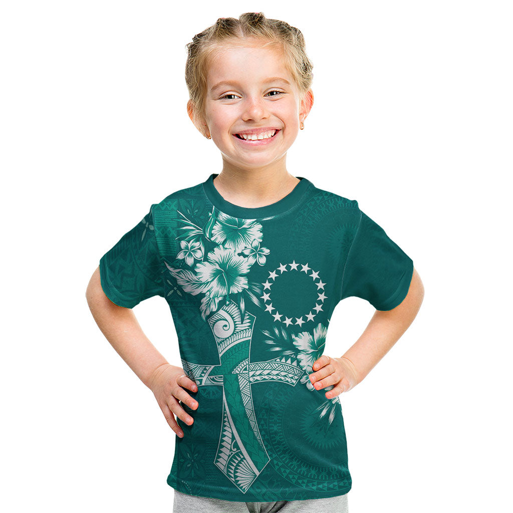 Kia Orana Cook Islands Tapa Floral With Cross Kid T Shirt Deep Teal
