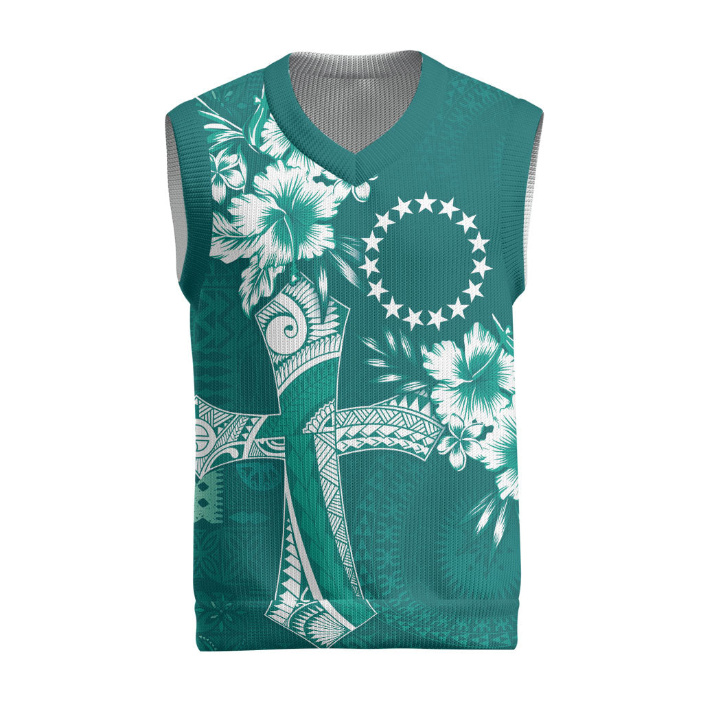 Kia Orana Cook Islands Tapa Floral With Cross Christmas Knitted V-Neck Vest Deep Teal