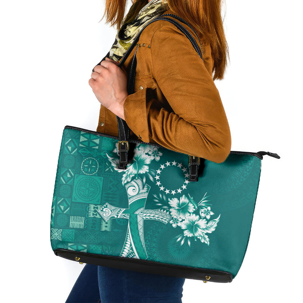 Kia Orana Cook Islands Tapa Floral With Cross Leather Tote Bag Deep Teal
