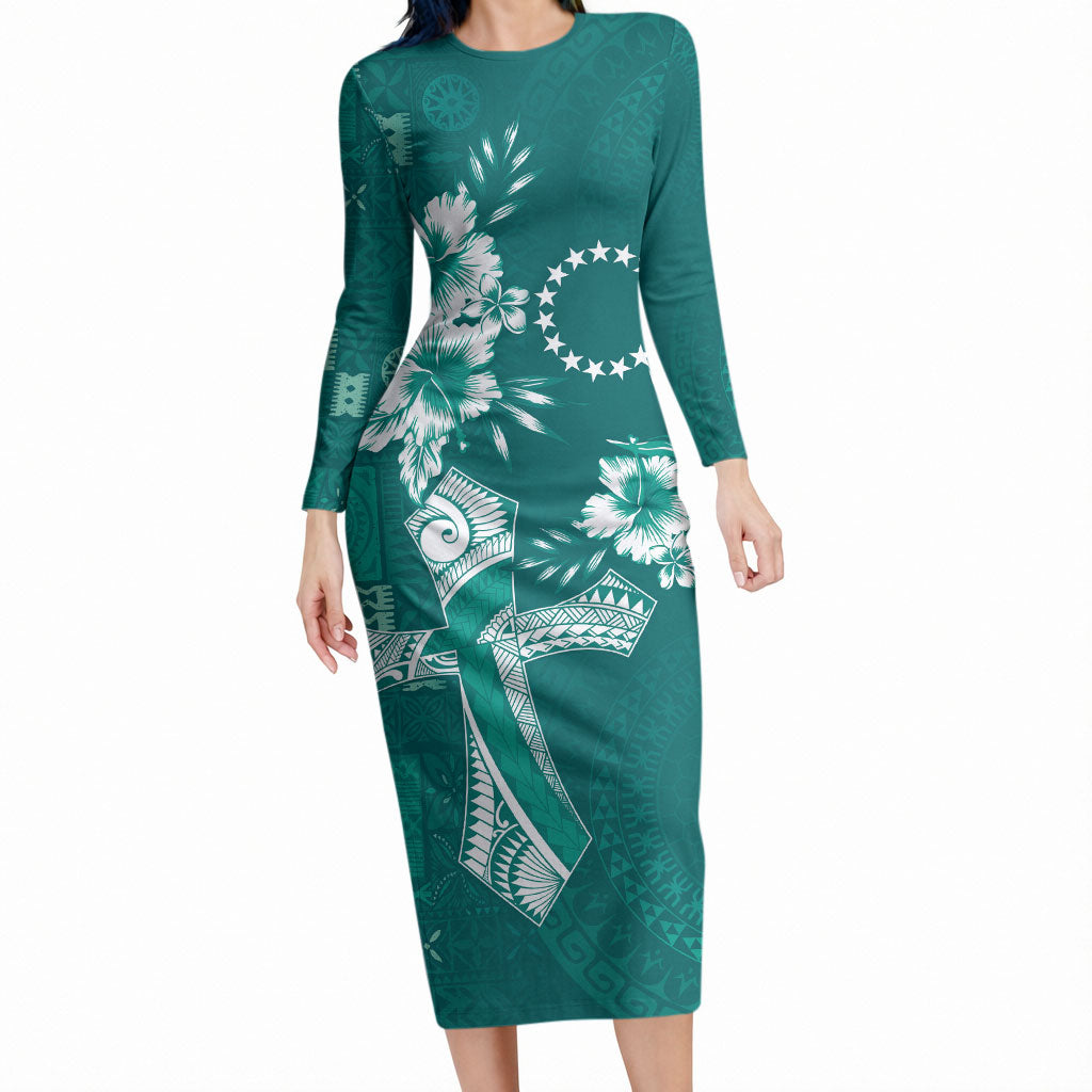 Kia Orana Cook Islands Tapa Floral With Cross Long Sleeve Bodycon Dress Deep Teal