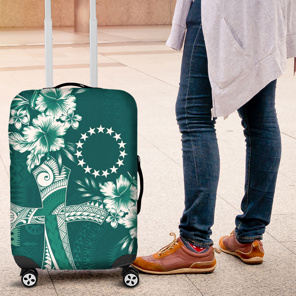 Kia Orana Cook Islands Tapa Floral With Cross Luggage Cover Deep Teal