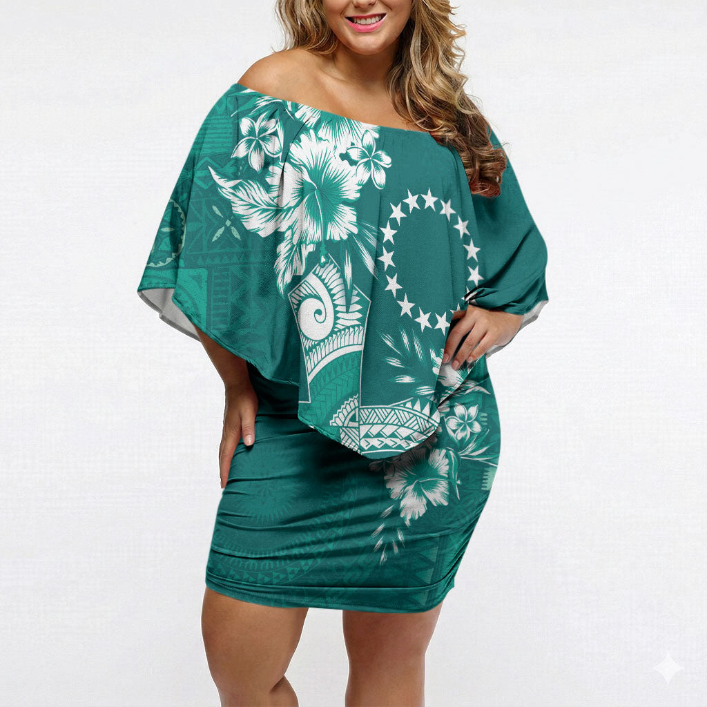 Kia Orana Cook Islands Tapa Floral With Cross Off Shoulder Short Dress Deep Teal