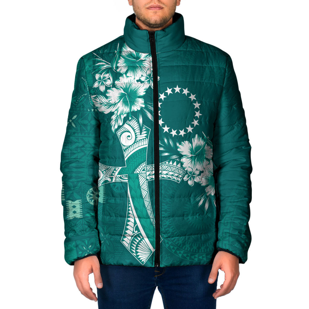 Kia Orana Cook Islands Tapa Floral With Cross Padded Jacket Deep Teal