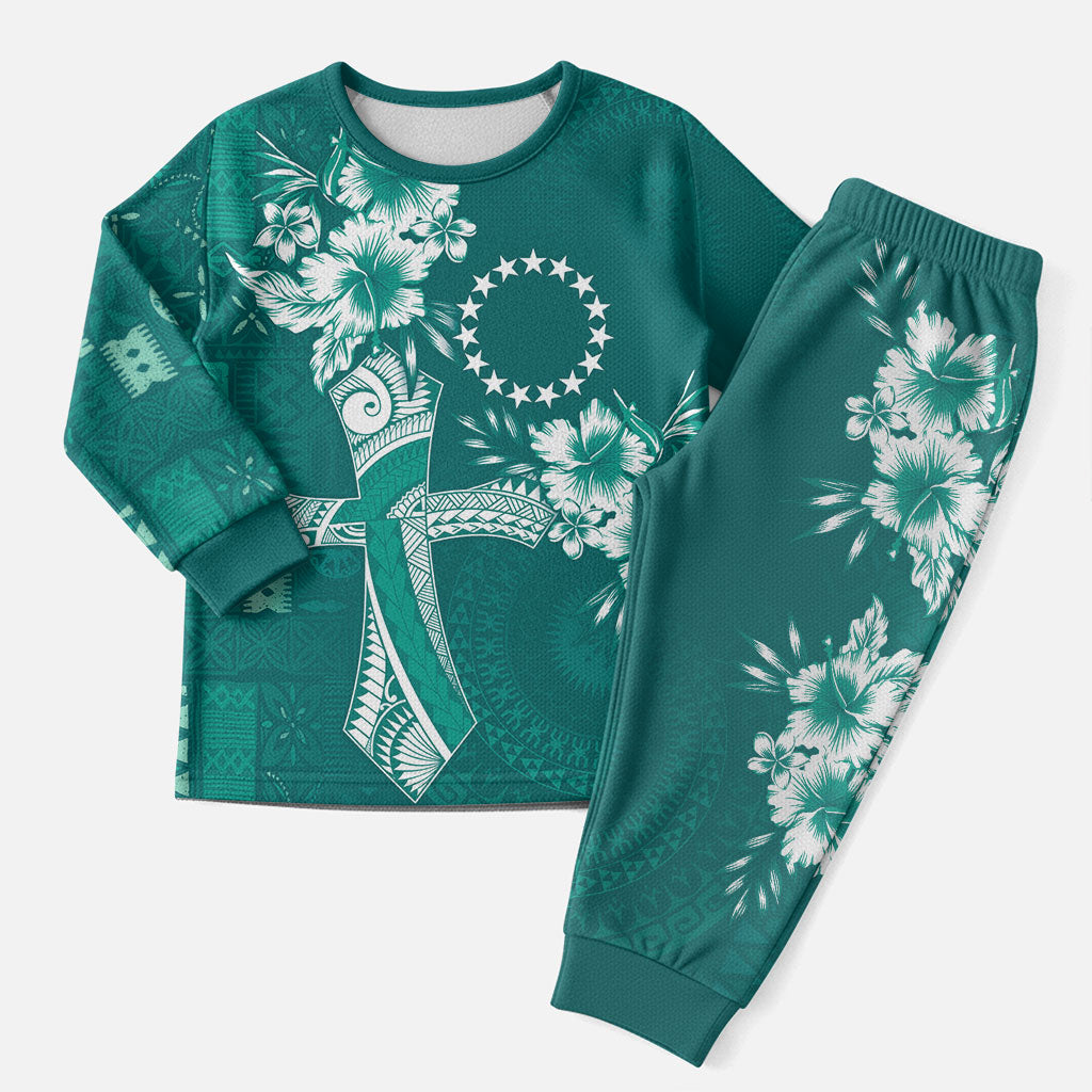 Kia Orana Cook Islands Tapa Floral With Cross Christmas Pajama Set Deep Teal