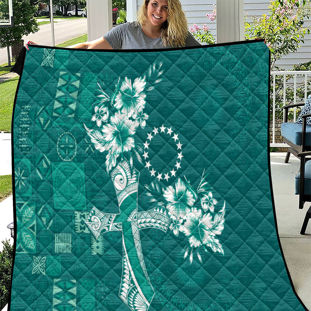Kia Orana Cook Islands Tapa Floral With Cross Quilt Deep Teal LT7 Deep Teal - Polynesian Pride