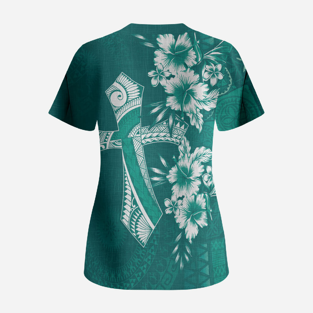 Kia Orana Cook Islands Tapa Floral With Cross Scrub Top Deep Teal LT7 - Polynesian Pride