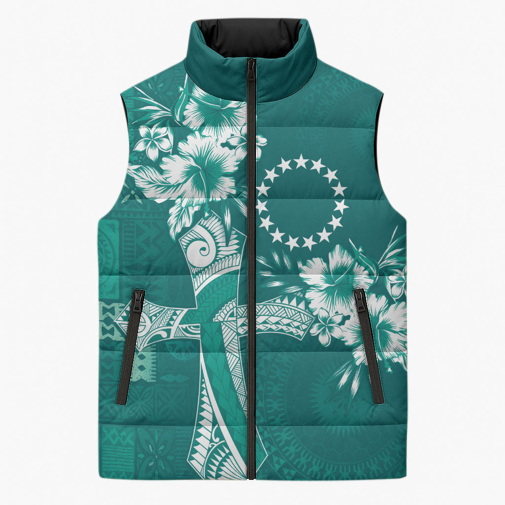 Kia Orana Cook Islands Tapa Floral With Cross Sleeveless Puffer Jacket Deep Teal