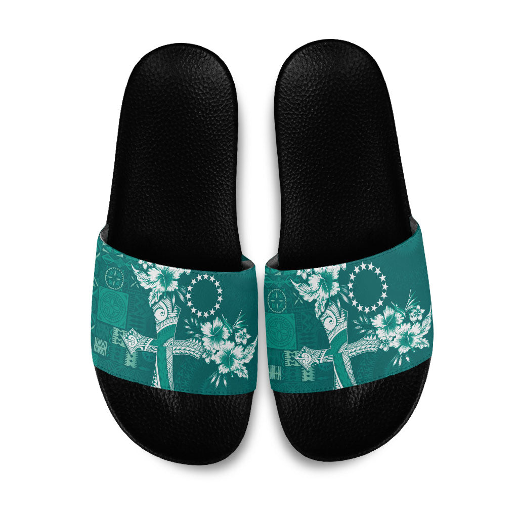 Kia Orana Cook Islands Tapa Floral With Cross Slide Sandals Deep Teal