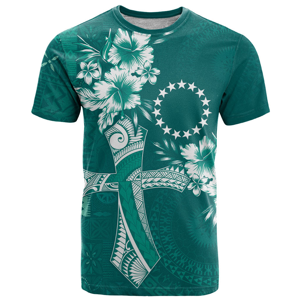 Kia Orana Cook Islands Tapa Floral With Cross T Shirt Deep Teal