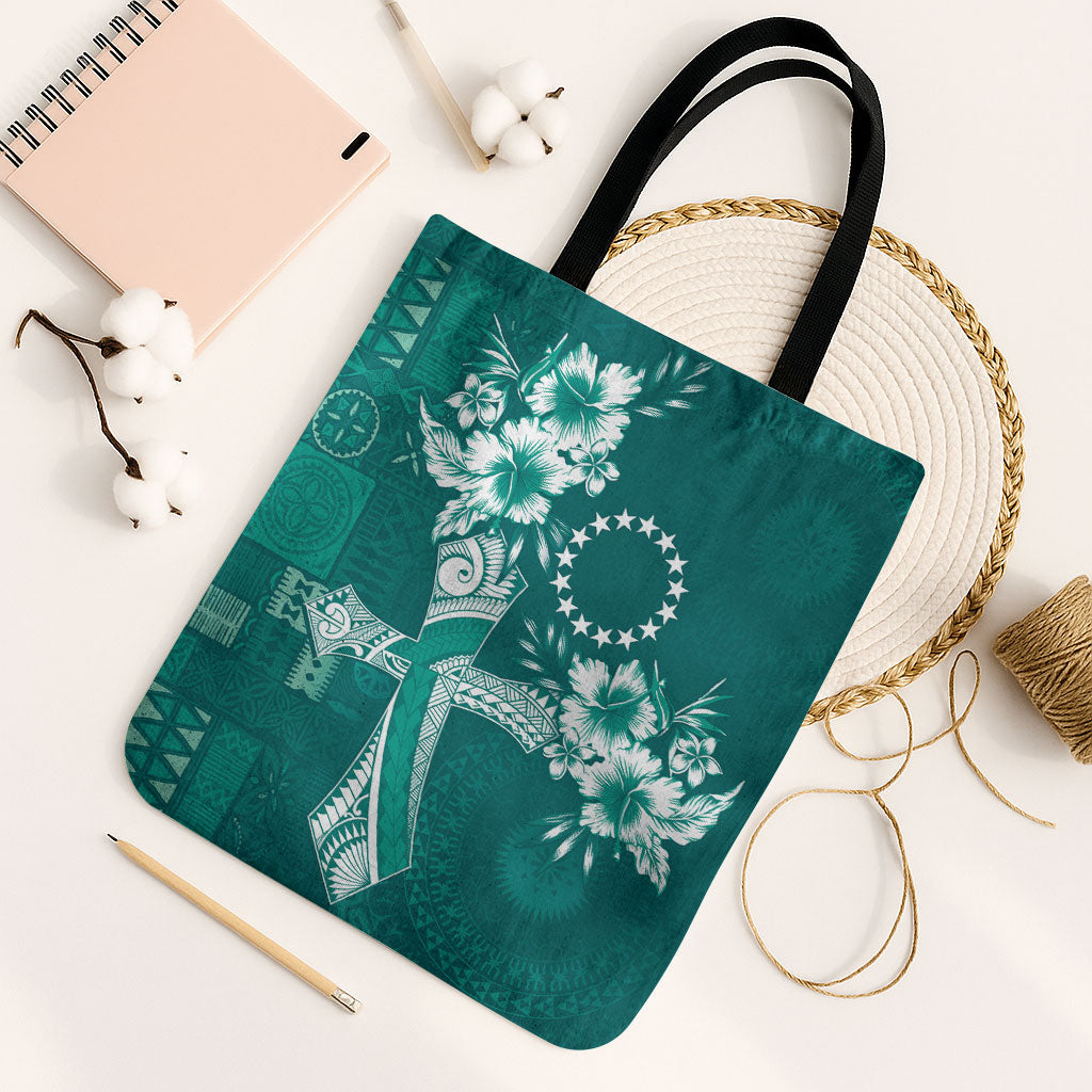 Kia Orana Cook Islands Tapa Floral With Cross Tote Bag Deep Teal