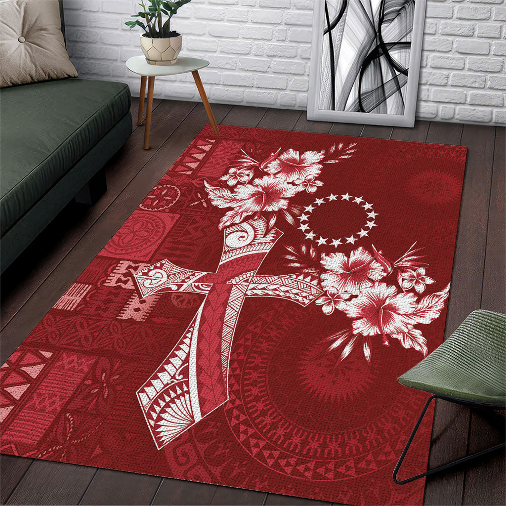 Kia Orana Cook Islands Tapa Floral With Cross Area Rug Crimson Red