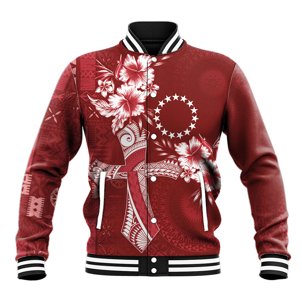 Kia Orana Cook Islands Tapa Floral With Cross Baseball Jacket Crimson Red LT7 Unisex Crimson Red - Polynesian Pride