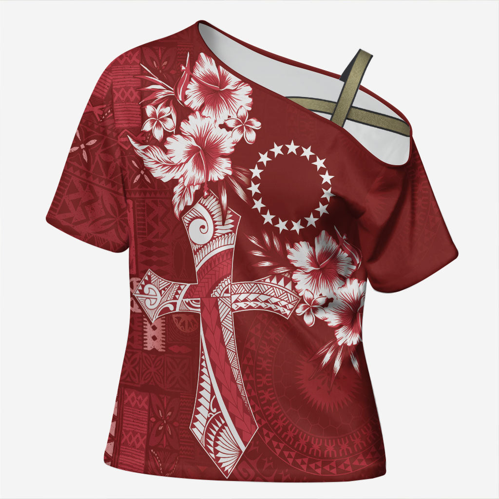 Kia Orana Cook Islands Tapa Floral With Cross Cross Shoulder Shirt Crimson Red