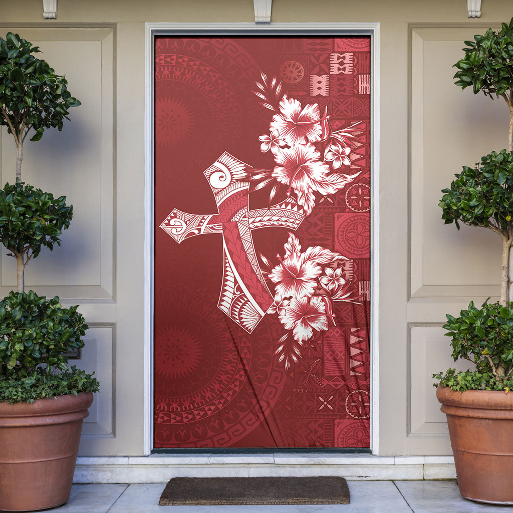 Kia Orana Cook Islands Tapa Floral With Cross Door Cover Crimson Red