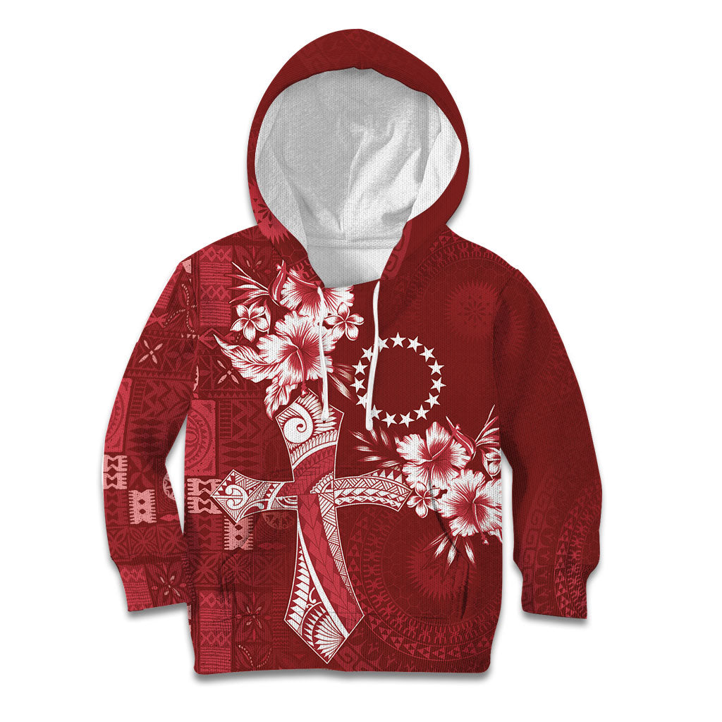 Kia Orana Cook Islands Tapa Floral With Cross Kid Hoodie Crimson Red LT7 Hoodie Crimson Red - Polynesian Pride